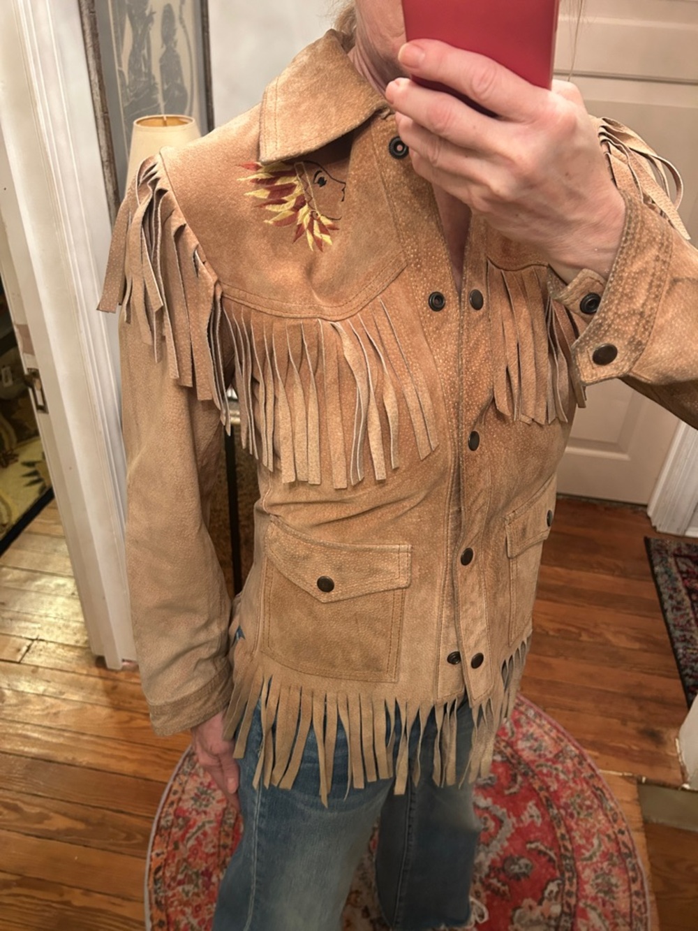 RARE! AUTHENTIC 70s sz 4-6 TAN Fringed PIG Suede Western Jacket With embroidery - Picture 2 of 10